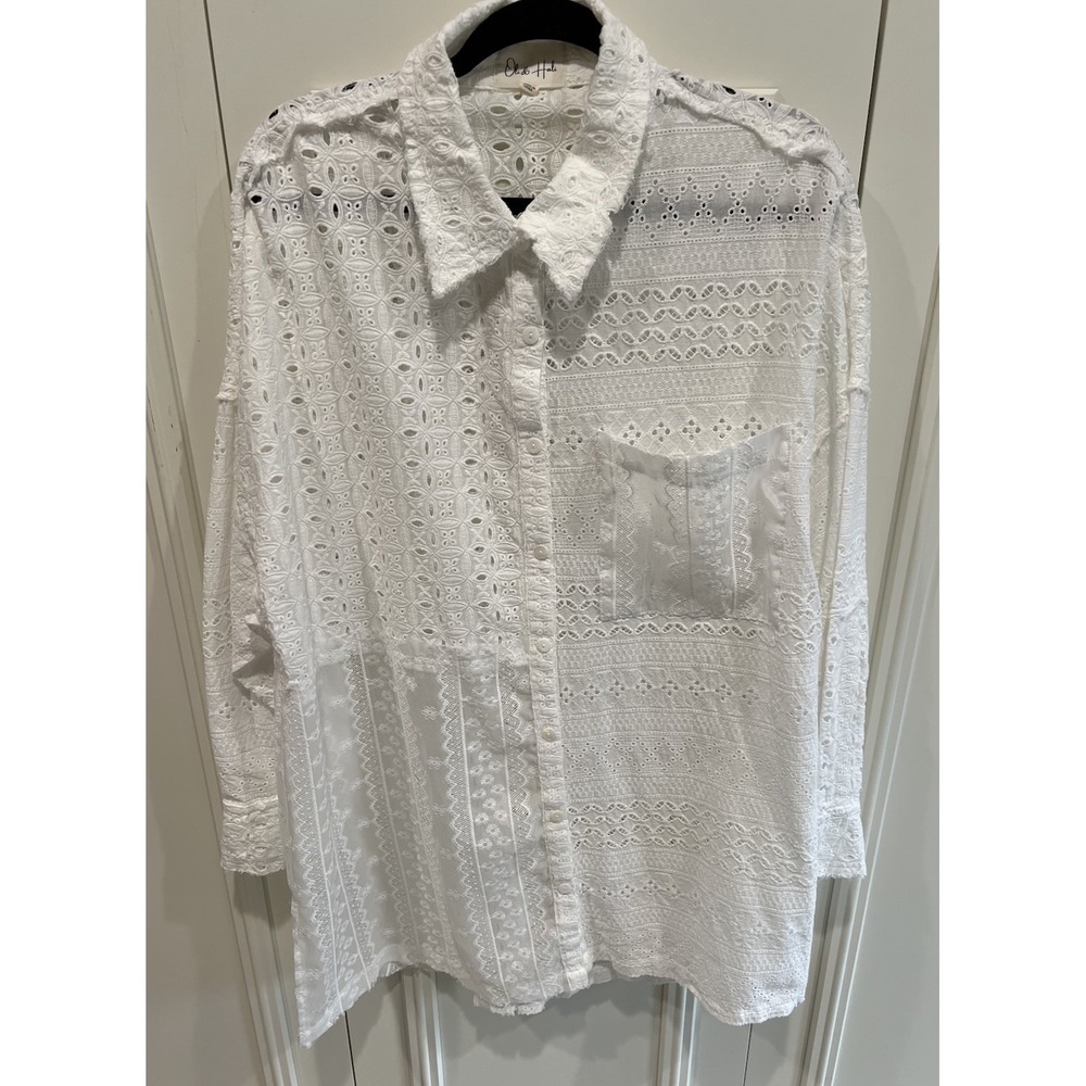 Oli & Hali White Oversized Eyelet Button Up Tunic Shirt Size Medium Cover Up